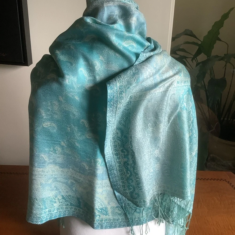 Silk Aqua Blue Paisley Summer Wrap with Fringe
